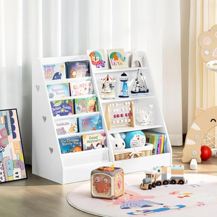 Lerliuo 4 Tier Kids Bookshelf and Storage Organizer, Five Layer Sling Children Bookcase, Baby Toddler Wooden Book Shelf, White Display Cabinet for Playroom, Bedroom, Classroom, Nursery, School by Lerliuo - Image 3