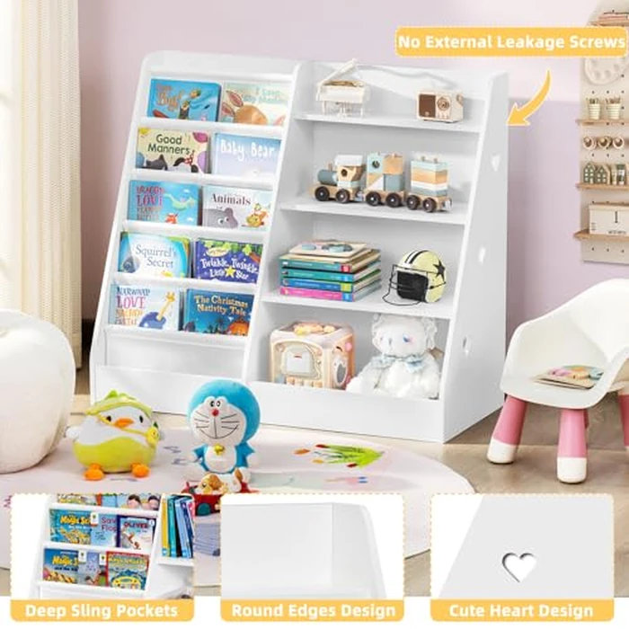 Lerliuo 4 Tier Kids Bookshelf and Storage Organizer, Five Layer Sling Children Bookcase, Baby Toddler Wooden Book Shelf, White Display Cabinet for Playroom, Bedroom, Classroom, Nursery, School by Lerliuo - Image 5