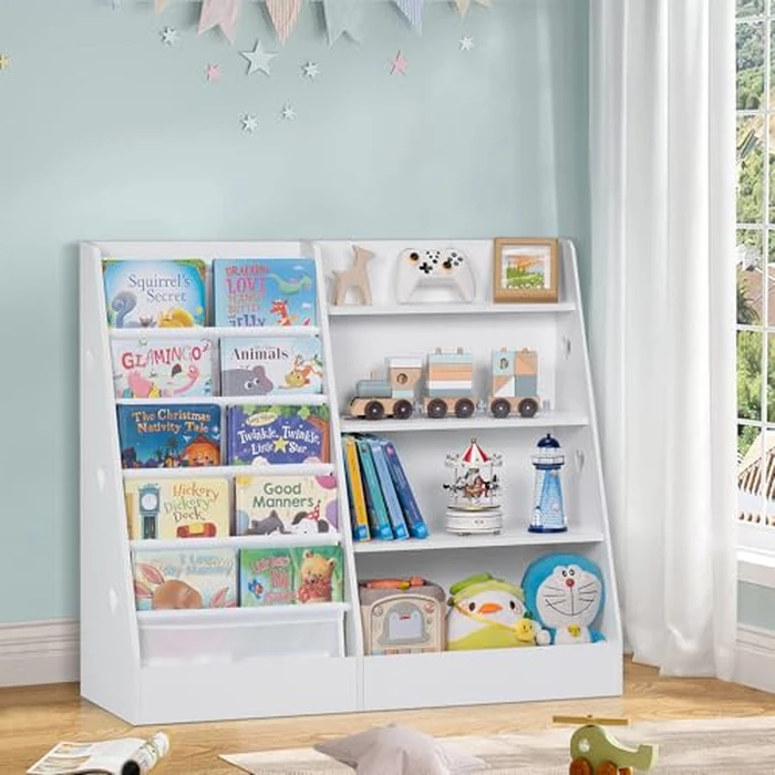 Lerliuo 4 Tier Kids Bookshelf and Storage Organizer, Five Layer Sling Children Bookcase, Baby Toddler Wooden Book Shelf, White Display Cabinet for Playroom, Bedroom, Classroom, Nursery, School by Lerliuo - Image 6