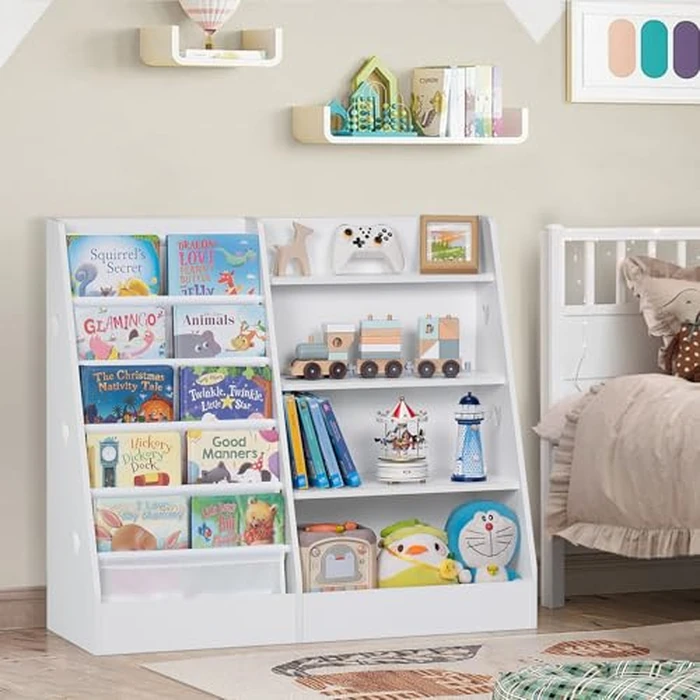 Lerliuo 4 Tier Kids Bookshelf and Storage Organizer, Five Layer Sling Children Bookcase, Baby Toddler Wooden Book Shelf, White Display Cabinet for Playroom, Bedroom, Classroom, Nursery, School by Lerliuo - Image 7