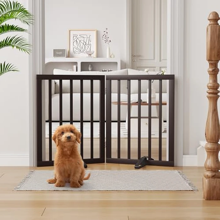 Semiocthome Freestanding Dog Gates and Barriers Indoor, Pet Gates for Doorways and Stairs, 60cm Height - 2 Panels Puppy Gate with 2 Metals Stands, Fully Assembled Adjustable Safety Fence Espresso by Semiocthome - Used - Acceptable condition