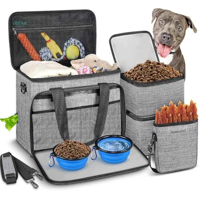 Abrimelodi 6 Set Dog Travel Bag, Large Pet Travel Kit for Supplies Includes 2 Food Containers, 1 Pet Organizer for Dogs, 2 Collapsible Bowls, 1 Treat Pouch, Dog Weekend Overnight Bag Luggage by Abrimelodi - Used - Very Good condition - US$25.29