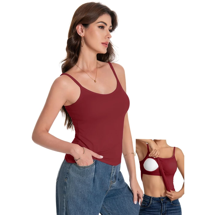 LuneNuelle Women Camisole Tank Top - Built-in Bra Adjustable Spaghetti Strap Scoop Neck Padded Casual Basic Cami Shirt,Wine Red-L,2026 by LuneNuelle - Image 2