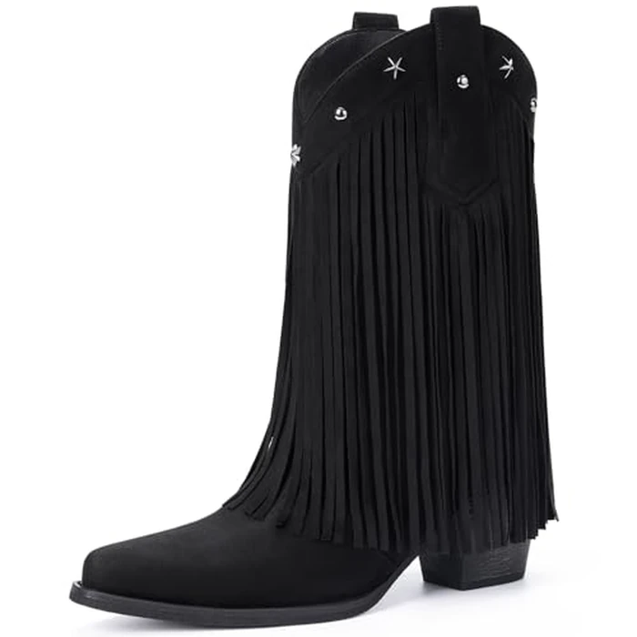 Bybmorto Black Suede Cowboy Boots for Women - Fringe Cowgirl Boots with Star Studded, Cowboy Booties Women Pointed Toe Chunky Heel, Fashion Ladies Western Booties for Country Music Festival Size 6.5 by Bybmorto - Used - Like New condition - US$53.18