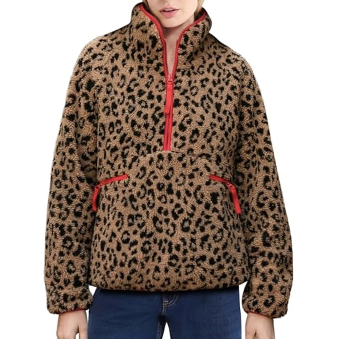 Ainangua Fuzzy Half Zip Fleece Jacket Women Long Sleeve Sherpa Pullover Sweatshirt Casual Warm Winter Chunky Teddy Outerwear(Leopard-Dark-Khaki,M) by Ainangua - Used - Like New condition - US$40.37