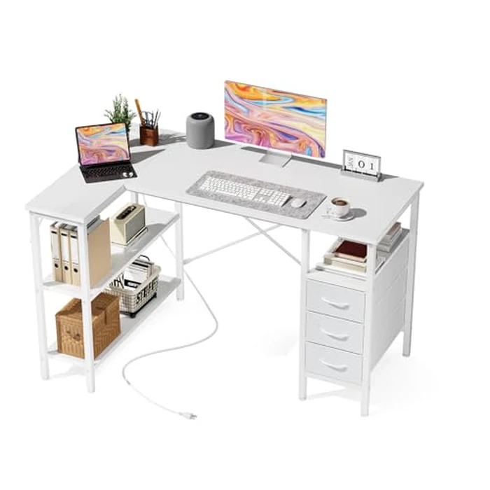 DUMOS L Shaped Desk with Shelf Drawers 47 Inch, White Corner Computer Desks Gaming with Power Outlet, Study Table with Adjustable Shelves, Home Office Tables for Bedroom Teacher Reading Writing by DUMOS - Image 1