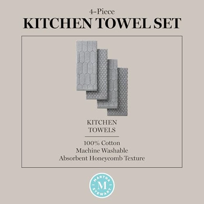 Martha Stewart Honeycomb Chambray Textured Kitchen Towel 4-Pack Set, 100% Cotton with Absorbent Terrycloth, Decorative Kitchen Towels, Grey, 16"x28" by Martha Stewart - Image 5