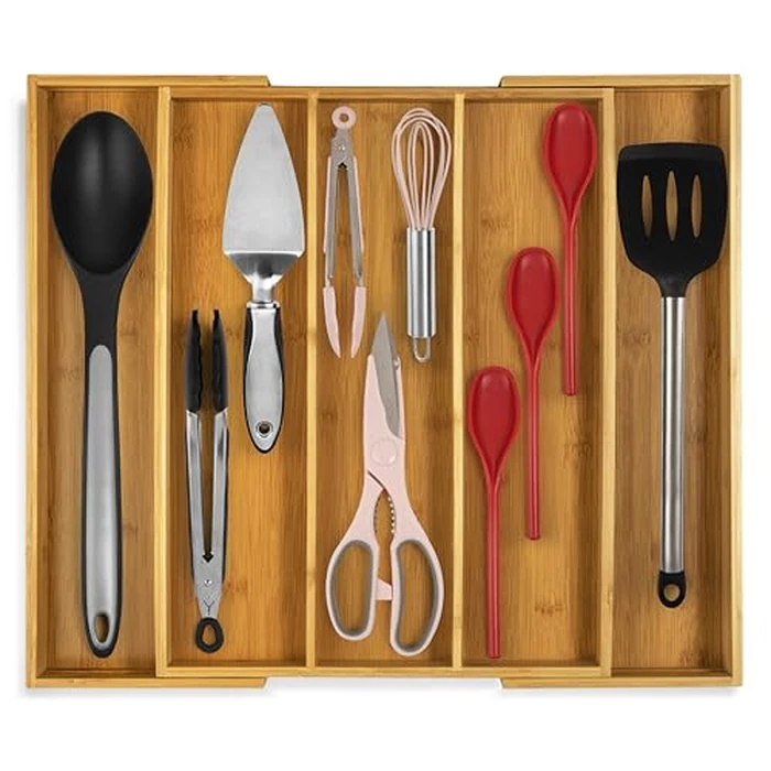 Purawood Kitchen Drawer Organizer - Expandable Utensil Drawer Organizer for Kitchen, Cutlery Tray & Silverware Organizer, 3-5 Slots - Bamboo Organizer for Utensils & Flatware (Natural) by Purawood - Used - Very Good condition - US$37.61