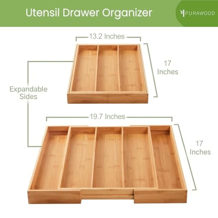 Purawood Kitchen Drawer Organizer - Expandable Utensil Drawer Organizer for Kitchen, Cutlery Tray & Silverware Organizer, 3-5 Slots - Bamboo Organizer for Utensils & Flatware (Natural) by Purawood - Image 3