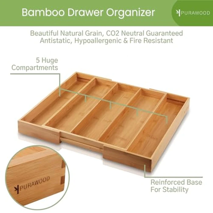 Purawood Kitchen Drawer Organizer - Expandable Utensil Drawer Organizer for Kitchen, Cutlery Tray & Silverware Organizer, 3-5 Slots - Bamboo Organizer for Utensils & Flatware (Natural) by Purawood - Image 4