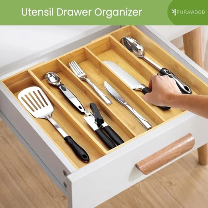 Purawood Kitchen Drawer Organizer - Expandable Utensil Drawer Organizer for Kitchen, Cutlery Tray & Silverware Organizer, 3-5 Slots - Bamboo Organizer for Utensils & Flatware (Natural) by Purawood - Image 5