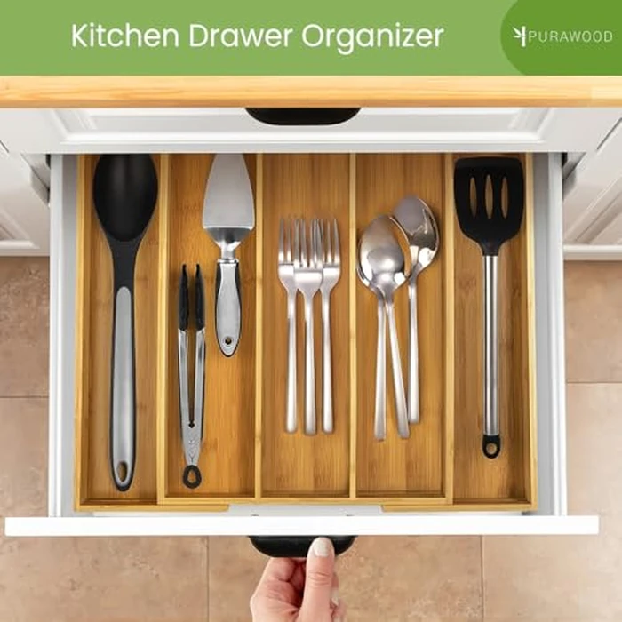Purawood Kitchen Drawer Organizer - Expandable Utensil Drawer Organizer for Kitchen, Cutlery Tray & Silverware Organizer, 3-5 Slots - Bamboo Organizer for Utensils & Flatware (Natural) by Purawood - Image 6