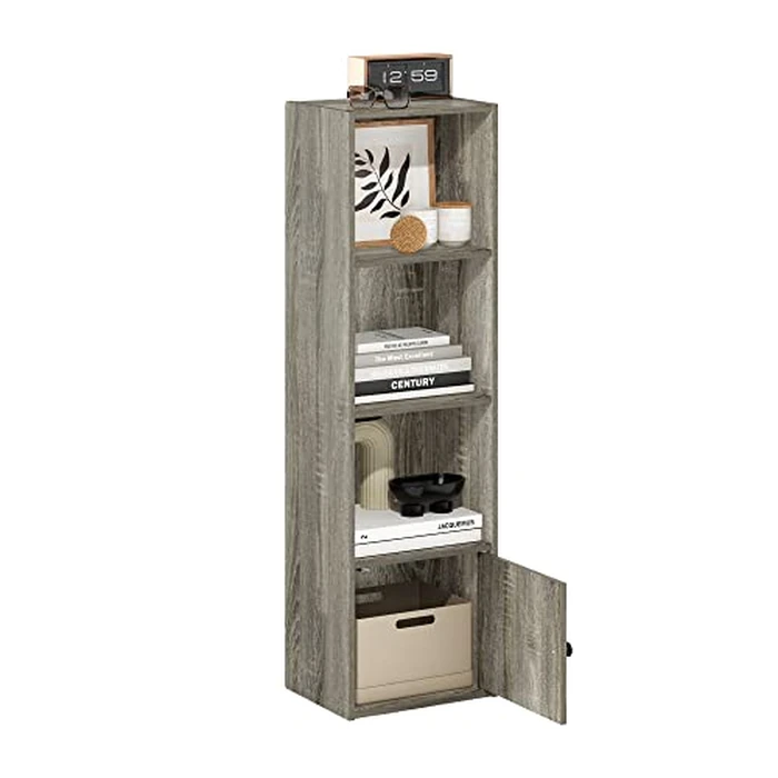 Furinno LUDER Book Shelf, 4-Tier Bookshelf, Bookcase with 1 Door Storage Cabinet, 9.3 x 12 x 41.8, for Living Room, Bedroom, Home Office, French Oak by Furinno - Used - Acceptable condition - CA$37.85