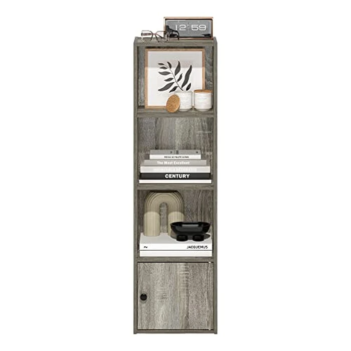 Furinno LUDER Book Shelf, 4-Tier Bookshelf, Bookcase with 1 Door Storage Cabinet, 9.3 x 12 x 41.8, for Living Room, Bedroom, Home Office, French Oak by Furinno - Image 5
