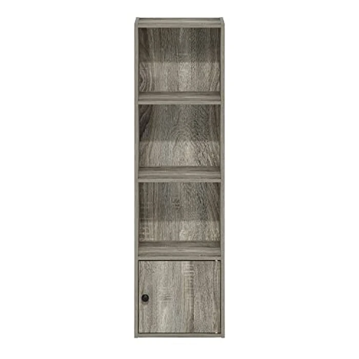 Furinno LUDER Book Shelf, 4-Tier Bookshelf, Bookcase with 1 Door Storage Cabinet, 9.3 x 12 x 41.8, for Living Room, Bedroom, Home Office, French Oak by Furinno - Image 7