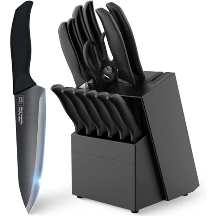 Home Hero Kitchen Knife Set - 15 PCS Black Knife Set with Block and Sharpener - Stainless Steel Knife Set - Ergonomic Handles - Includes Steak Knives Set of 6 - Knife Block Set for Kitchen by Home Hero - Image 1