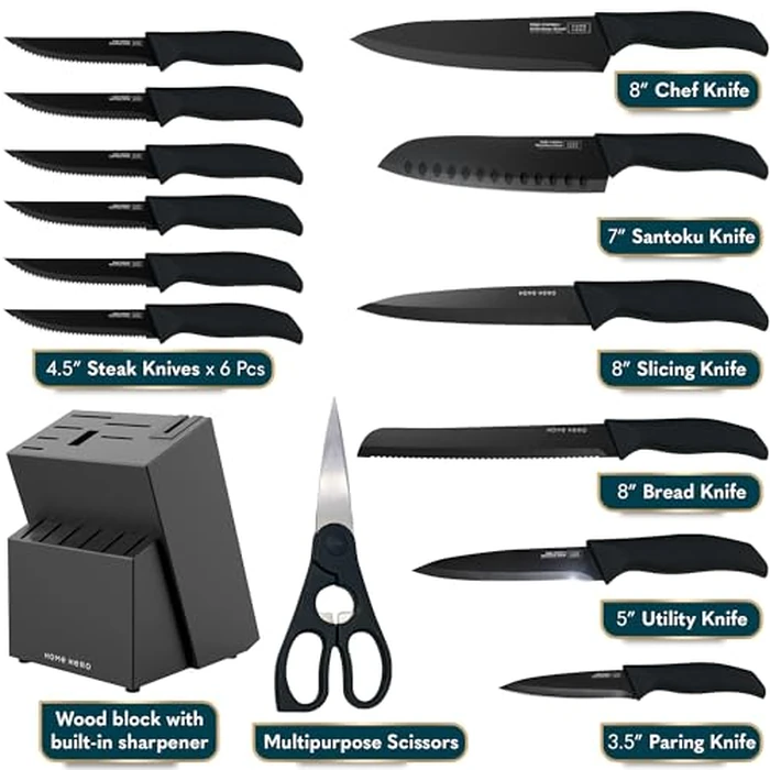 Home Hero Kitchen Knife Set - 15 PCS Black Knife Set with Block and Sharpener - Stainless Steel Knife Set - Ergonomic Handles - Includes Steak Knives Set of 6 - Knife Block Set for Kitchen by Home Hero - Image 3
