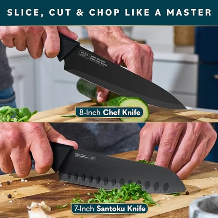 Home Hero Kitchen Knife Set - 15 PCS Black Knife Set with Block and Sharpener - Stainless Steel Knife Set - Ergonomic Handles - Includes Steak Knives Set of 6 - Knife Block Set for Kitchen by Home Hero - Image 5