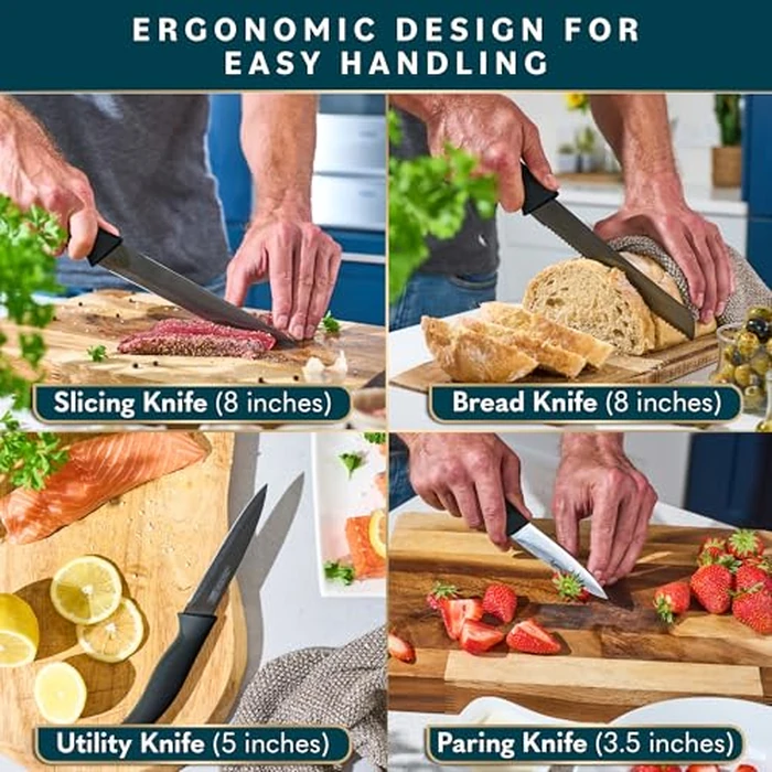 Home Hero Kitchen Knife Set - 15 PCS Black Knife Set with Block and Sharpener - Stainless Steel Knife Set - Ergonomic Handles - Includes Steak Knives Set of 6 - Knife Block Set for Kitchen by Home Hero - Image 7