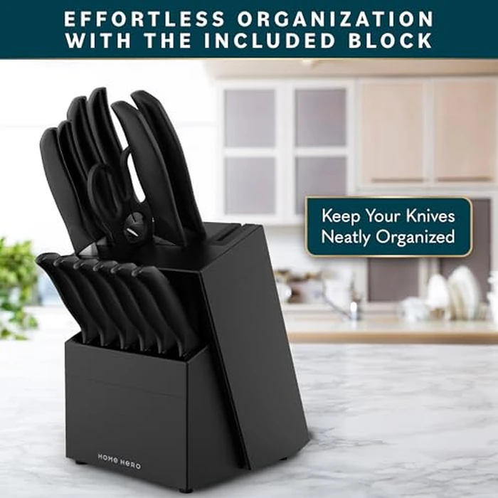 Home Hero Kitchen Knife Set - 15 PCS Black Knife Set with Block and Sharpener - Stainless Steel Knife Set - Ergonomic Handles - Includes Steak Knives Set of 6 - Knife Block Set for Kitchen by Home Hero - Image 8