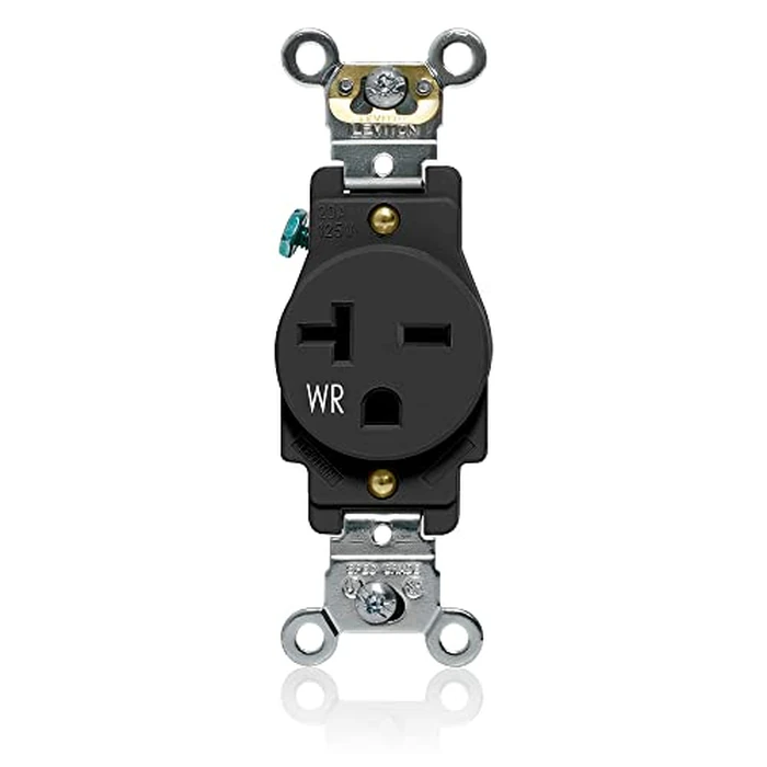 Leviton Single Receptacle Outlet, Weather-Resistant, 20 Amp, 250 Volt, Heavy-Duty Industrial Specification Grade, Back or Side Wire, Self-Grounding, W5461-E, Black by Leviton - Image 1