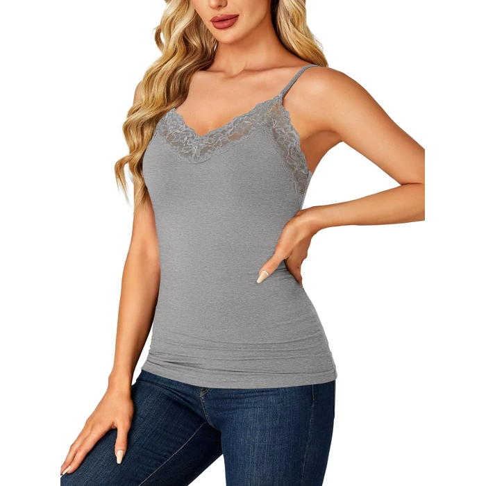 LYANER Women's Lace Trim V Neck Camisole Adjustable Strap Undershirt Tank Stretch Fitted Cami Top Heather Grey XX-Large by LYANER - Image 4