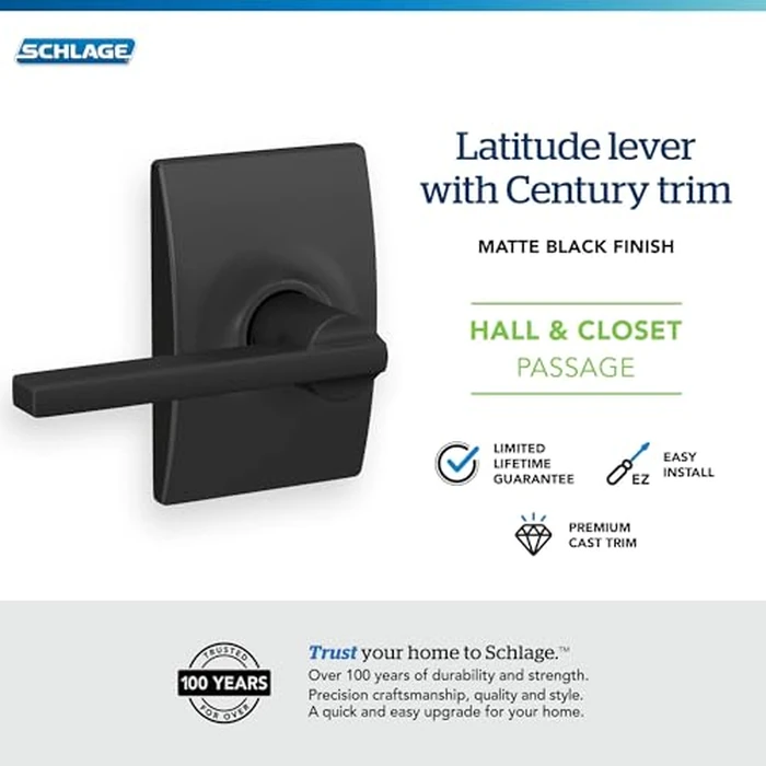 Schlage F10 D LAT 622 CEN Latitude Door Lever with Century Trim, Hall & Closet Passage Lock, Matte Black by SCHLAGE - Image 4