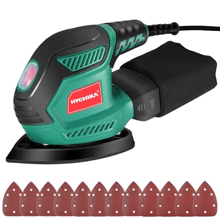 HYCHIKA Detail Sander, 14,000 OPM Compact Electric Sander Tool with 12 Pcs Sandpapers,Efficiency Dust Collection System,Suitable for Tight Spaces Sanding,Polishing,Removing Paint in Home Decoration by HYCHIKA BETTER TOOLS FOR BETTER LIFE - Used - Like New condition