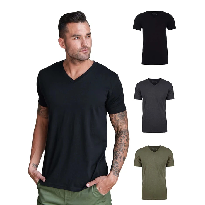 INTO THE AM V Neck T Shirts Men 3 Pack Fitted Casual Plain Soft Sleep Vneck Tshirt Multipack (Black/Charcoal/Olive Green, Large) by INTO THE AM - Used - Acceptable condition - US$30.49