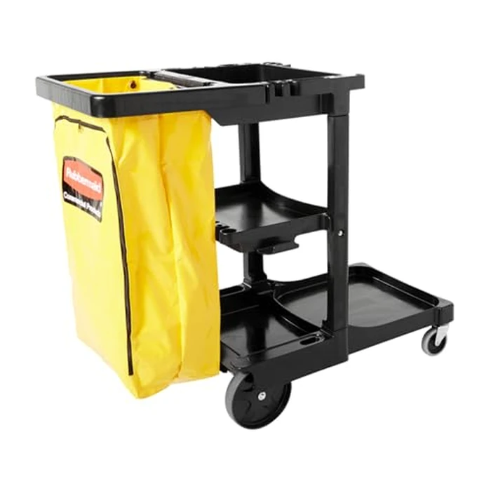Rubbermaid Commercial Traditional Janitorial 3-Shelf Cleaning Cart, Wheeled with Zippered Yellow Vinyl Bag, for Business/School/Office/Janatorial Cleaning by Rubbermaid Commercial Products - Used - Acceptable condition