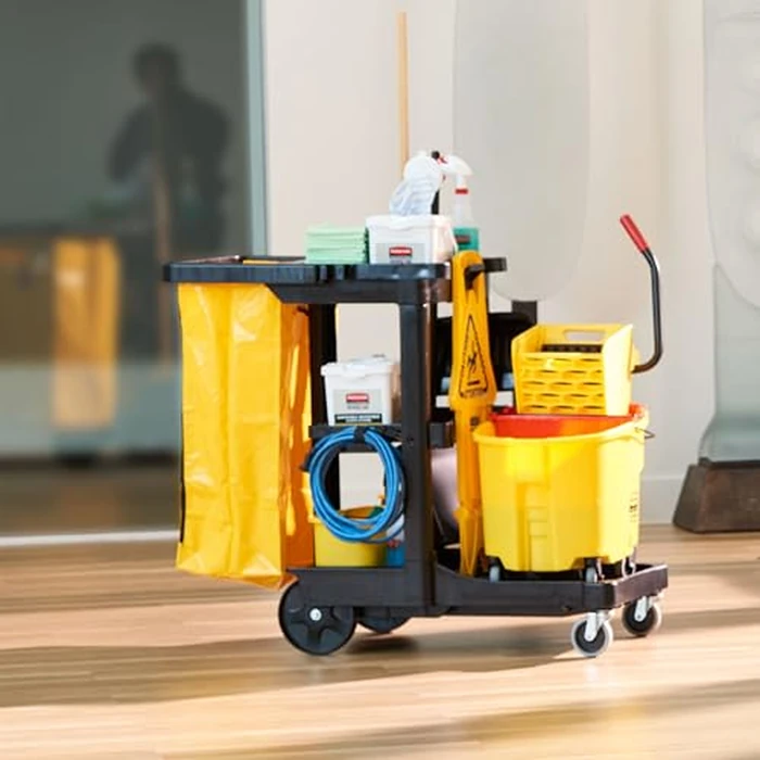 Rubbermaid Commercial Traditional Janitorial 3-Shelf Cleaning Cart, Wheeled with Zippered Yellow Vinyl Bag, for Business/School/Office/Janatorial Cleaning by Rubbermaid Commercial Products - Image 4