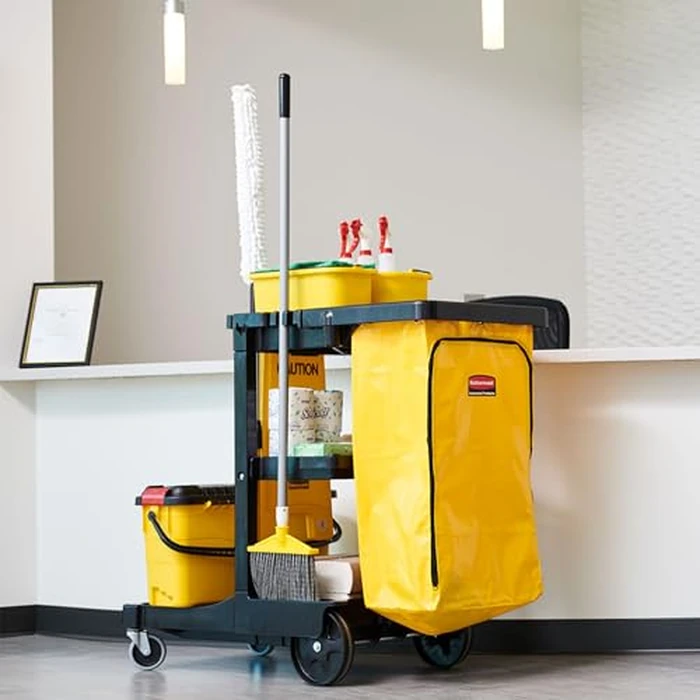 Rubbermaid Commercial Traditional Janitorial 3-Shelf Cleaning Cart, Wheeled with Zippered Yellow Vinyl Bag, for Business/School/Office/Janatorial Cleaning by Rubbermaid Commercial Products - Image 5