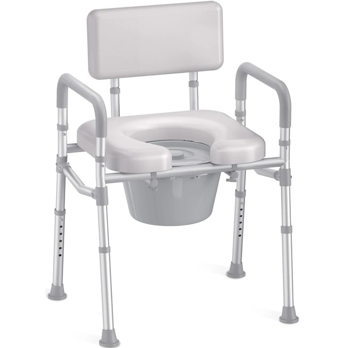 HOMLAND Bedside Commode with Padded Seat and Backrest, Aluminum Commode Toilet with Bucket, Easy Cleaning Portable Toilet for Adults and Seniors, 350 lb Capacity Enhanced Crossbar by HOMLAND - Used - Like New condition - US$81.89