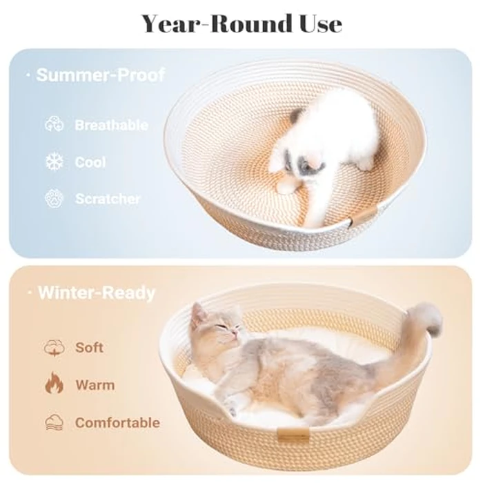 CHEERHOME PETS Cat Bed Basket with Cushion, Cute Pet Bed for Indoor Cats Couch, Kitten Bed for Medium and Large Cat, All Season Universal(White) by CHEERHOME PETS - Image 2