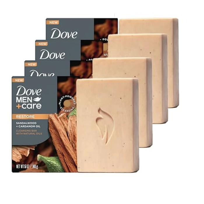 Dove Men+Care Cleansing Bar Soap Sandalwood + Cardamom Oil 4 Bars to Rebuild Skin in the Shower, a 4in1 Hair, Body, Face & Shaving Bar with Plant-Based Cleanser and Natural Oils 5 oz by DOVE MEN + CARE - Image 1
