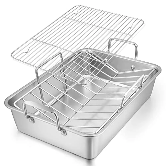 E-far Roasting Pan, 16 x 11.5 Inch Stainless Steel Turkey Roaster with V-shaped & Flat Rack, Non-toxic & Heavy Duty Deep Broiling Pan, Dishwasher Safe - Large by E-far - Image 1