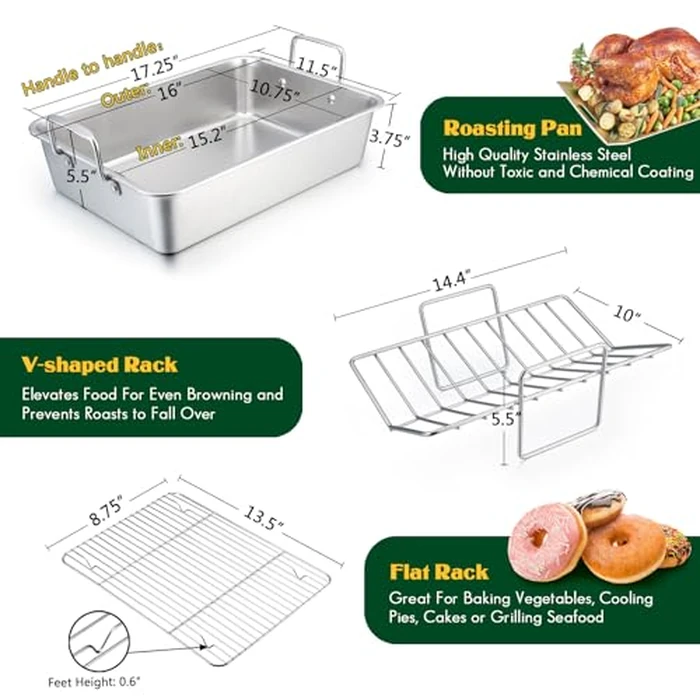 E-far Roasting Pan, 16 x 11.5 Inch Stainless Steel Turkey Roaster with V-shaped & Flat Rack, Non-toxic & Heavy Duty Deep Broiling Pan, Dishwasher Safe - Large by E-far - Image 2