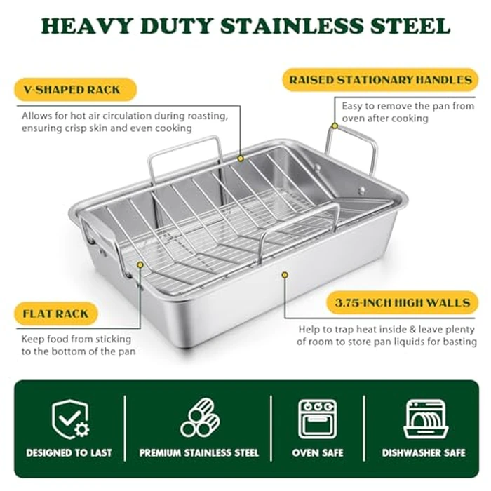 E-far Roasting Pan, 16 x 11.5 Inch Stainless Steel Turkey Roaster with V-shaped & Flat Rack, Non-toxic & Heavy Duty Deep Broiling Pan, Dishwasher Safe - Large by E-far - Image 3