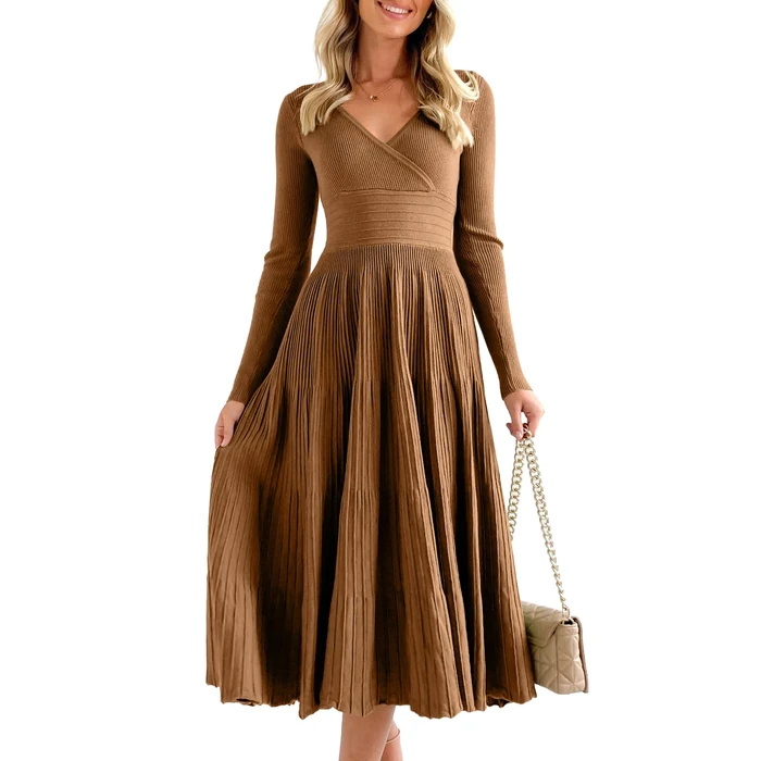 Saodimallsu Womens Long Sleeve Midi Sweater Dress Wrap V Neck Pleated A Line Fit Flare Elegant Knit Maxi Dress Brown by Saodimallsu - Image 1
