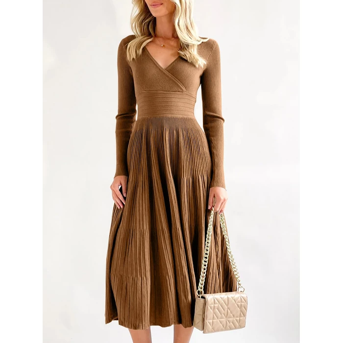 Saodimallsu Womens Long Sleeve Midi Sweater Dress Wrap V Neck Pleated A Line Fit Flare Elegant Knit Maxi Dress Brown by Saodimallsu - Image 3