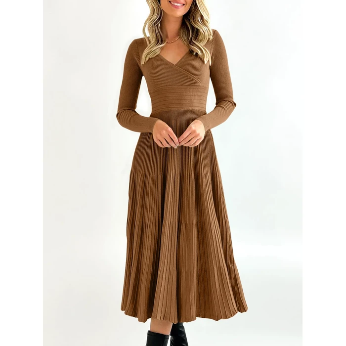 Saodimallsu Womens Long Sleeve Midi Sweater Dress Wrap V Neck Pleated A Line Fit Flare Elegant Knit Maxi Dress Brown by Saodimallsu - Image 4