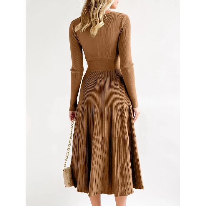 Saodimallsu Womens Long Sleeve Midi Sweater Dress Wrap V Neck Pleated A Line Fit Flare Elegant Knit Maxi Dress Brown by Saodimallsu - Image 5