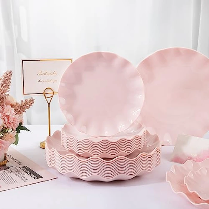 LIYH 24 Pcs Pink Plates Reusable, Pink Plastic Scalloped Plate Durable and Dishwasher Safe,Baby Shower Plate, Light Weight Daisy Plastic Wavy Plates for Wedding Party Birthday by LIYH Love in your heart - Image 2