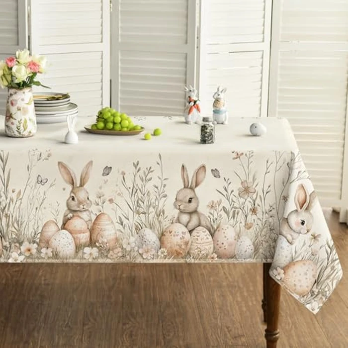 Horaldaily Easter Tablecloth 60x104 Inch Rectangular, Beige Easter Bunny Egg Washable Seasonal Table Cover for Party Picnic Dinner Decor by Horaldaily - Used - Like New condition