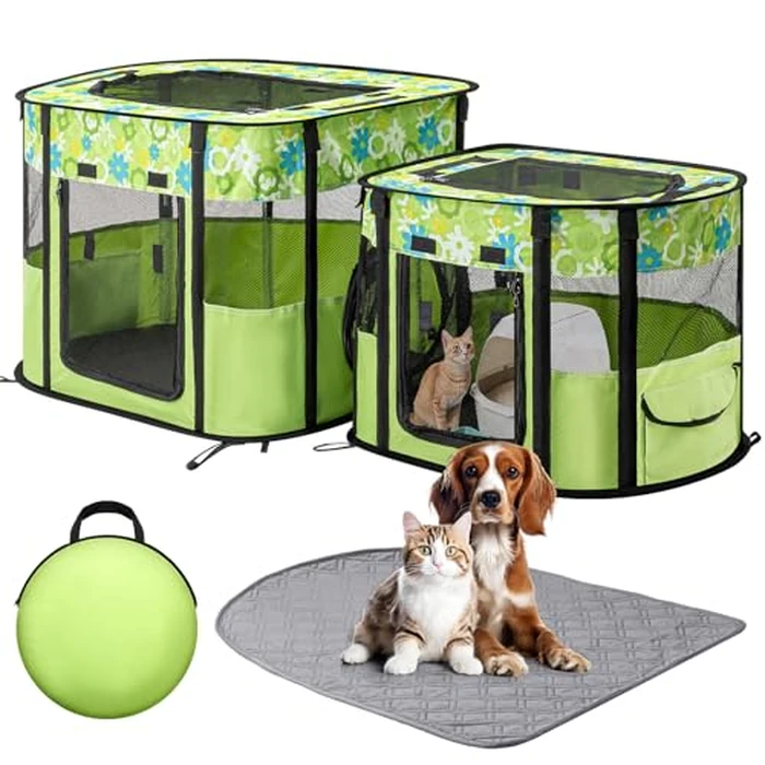 Portable Cat Playpen with Separate Areas, Foldable Indoor Outdoor Cat Enclosure, Portable Pet Tent for Kittens and Small Animals, Collapsible Tent Kennel Cage House with Tent Pegs and Carry Bag by ondware - Used - Like New condition - US$47.49