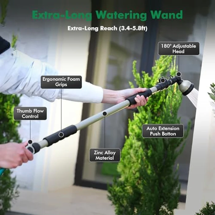 RESTMO Extra Long All Metal Telescoping Watering Wand, 180 degrees Adjustable Ratcheting Head | 4 Spray Patterns | Thumb Flow Control, Perfect Garden Hose Sprayer to Water Hanging Baskets, Shrubs by Restmo - Image 2