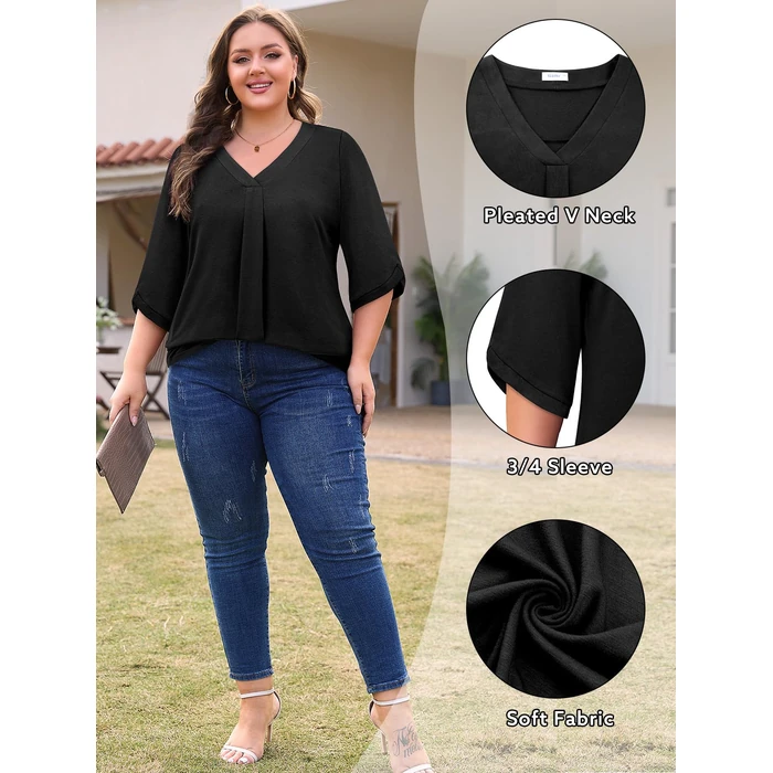 Siddhe Plus Size Black Tunic Tops for Women, Women's Plus Size Tops Loose 3/4 Sleeve Shirts Dressy Casual V Neck Blouses for Work Spring Business Casual Shirts Summer Blouses 2025 for Fat, Black, 4XL by Siddhe - Image 5