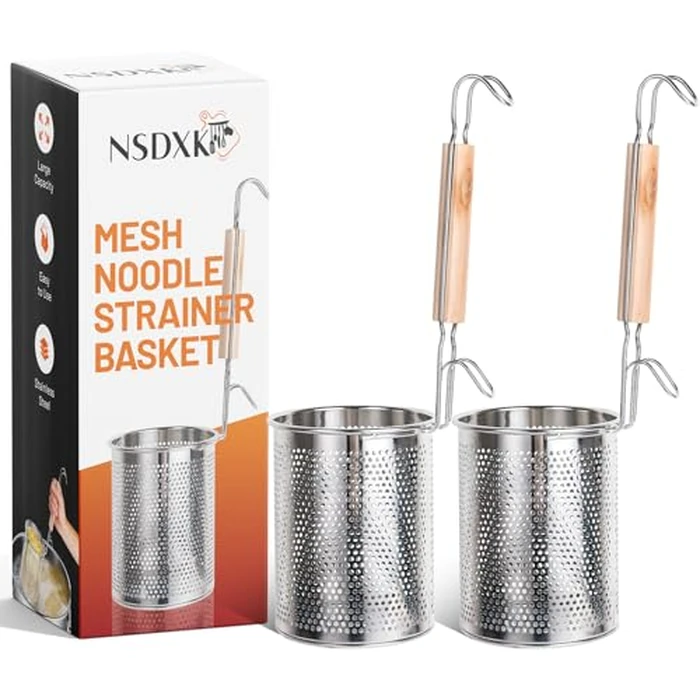 NSDXK 2 Pack Pasta Basket, Stainless Steel Mesh Noodle Strainer Basket with Wooden Handle, for Boiling Food, Pasta, Noodles, Dumpling, Ramen, 4.3''D x 5.7''H by NSDXK - Image 1