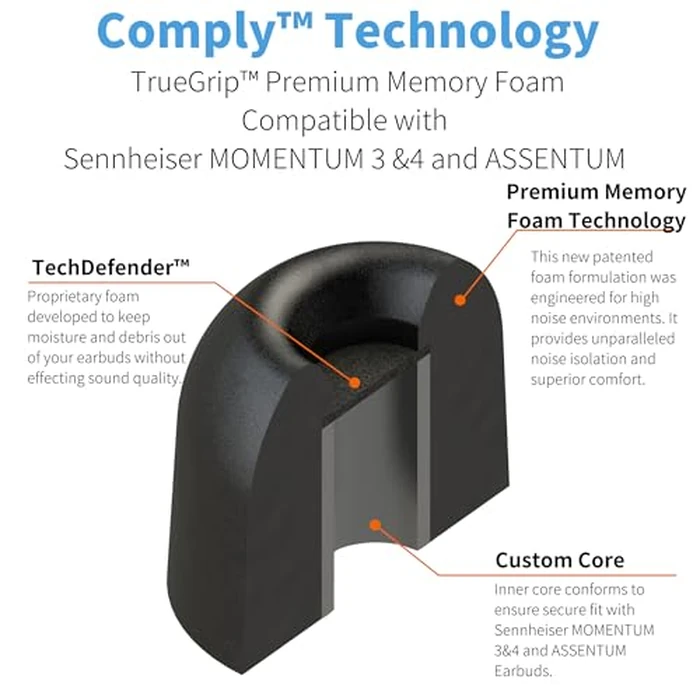 Comply Foam New TrueGrip Premium Memory Foam Tips for Sennheiser Momentum 3, 4 & ACCENTUM, Assorted S, M, L, Black 3-Pairs - Superior Noise Isolation, Increased Comfort, Secure Fit w/Cleaning Tool by Comply - Image 5