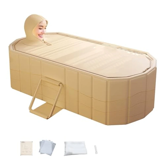 KUNCAIISH Portable Foldable Soaking Bathtub, Tub Bucket Kit, Ergonomic Design Family Bathroom SPA Tub with Lid, Freestanding Bath Tub for Hot Ice Bath, Easy to Carry, 59" Lx22 Wx20 H (Gold) by KUNCAIISH - Used - Acceptable condition